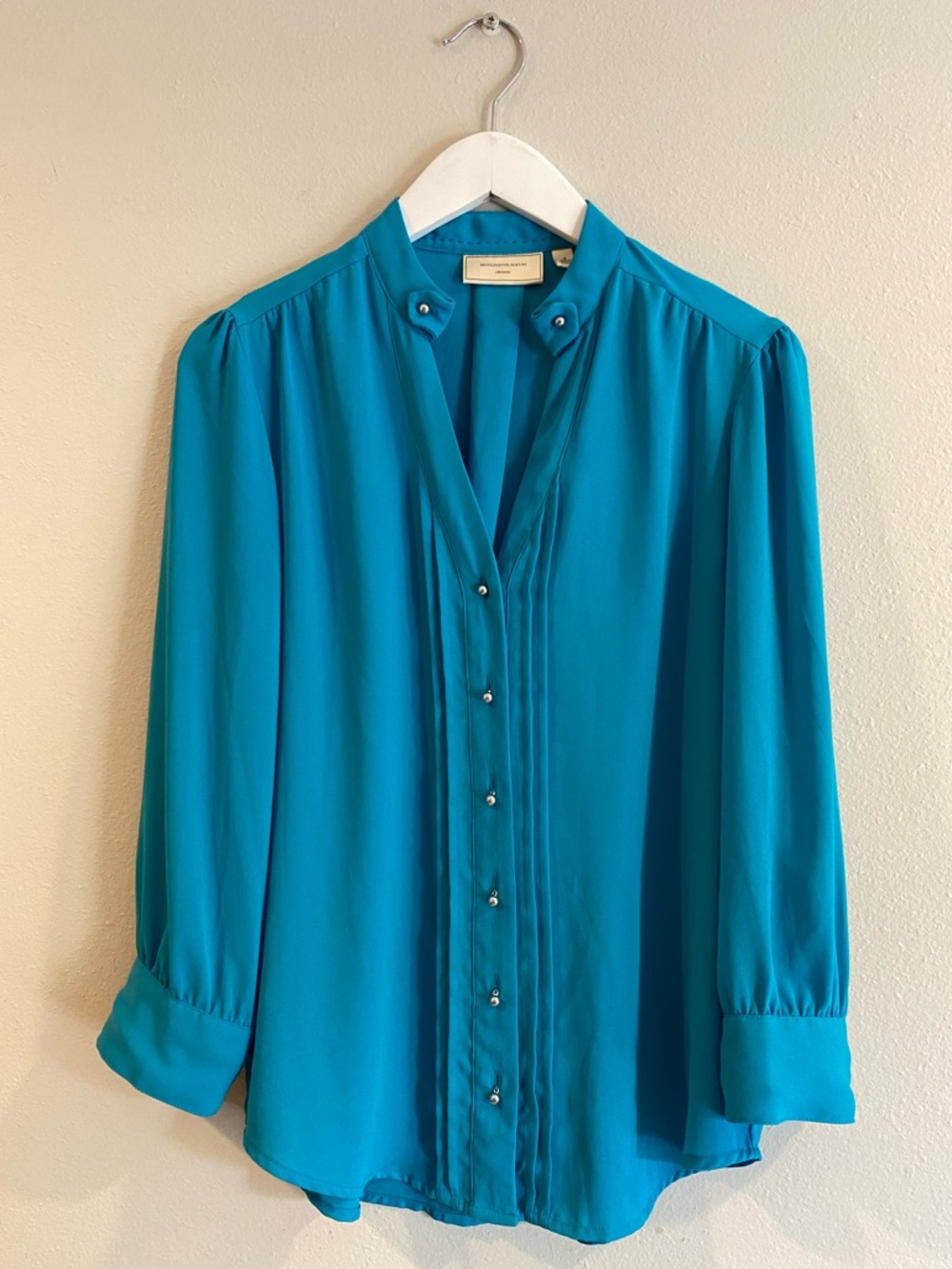 Moulinette Soeurs Anthropologie Teal Pintuck Blouse Size 6 Silver Ball Buttons